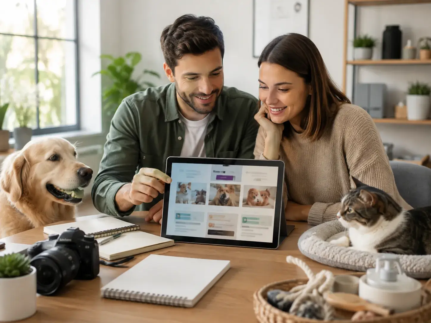 Twee mensen bekijken samen een scherm met informatie terwijl hond en kat erbij zijn in een huiselijke werkomgeving