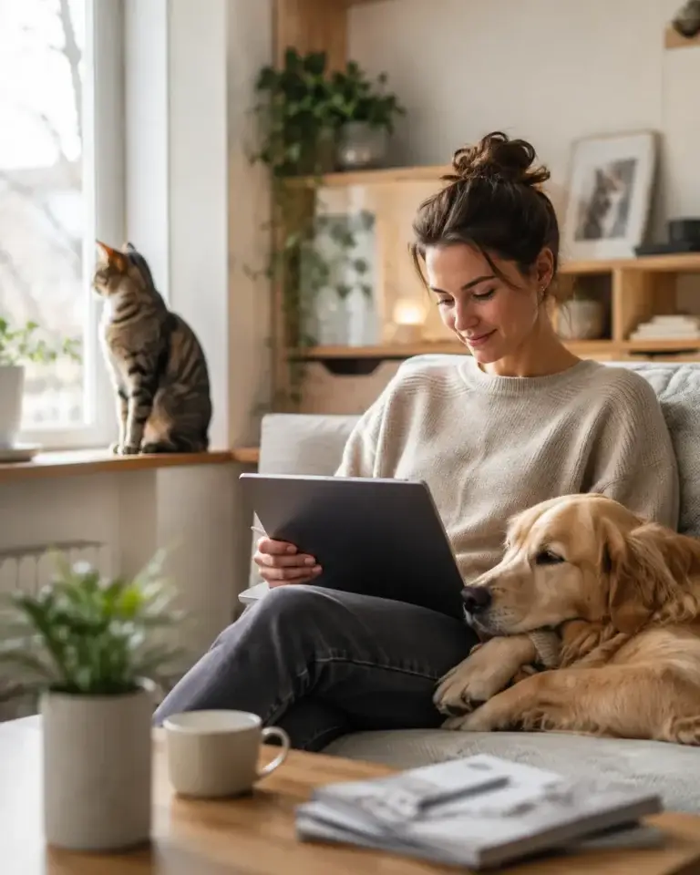 Vrouw leest informatie over huisdieren op een tablet terwijl hond en kat ontspannen in huis