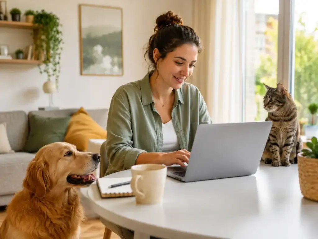 Vrouw werkt aan laptop met hond en kat naast haar in een lichte woonkamer