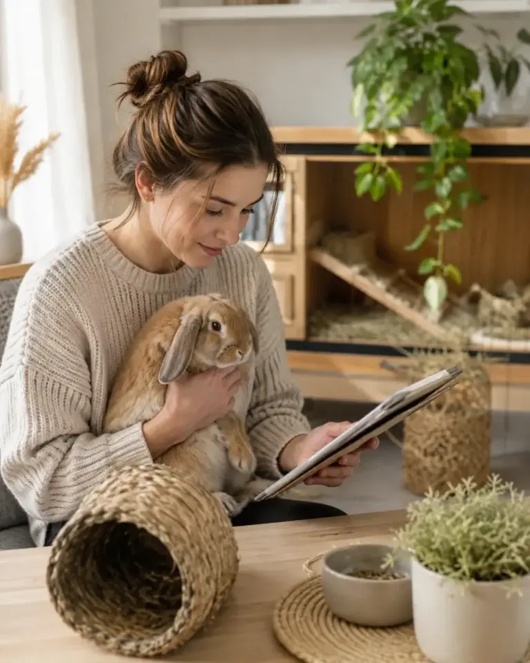 Vrouw houdt een konijn vast en bekijkt informatie over dierverzorging op een tablet