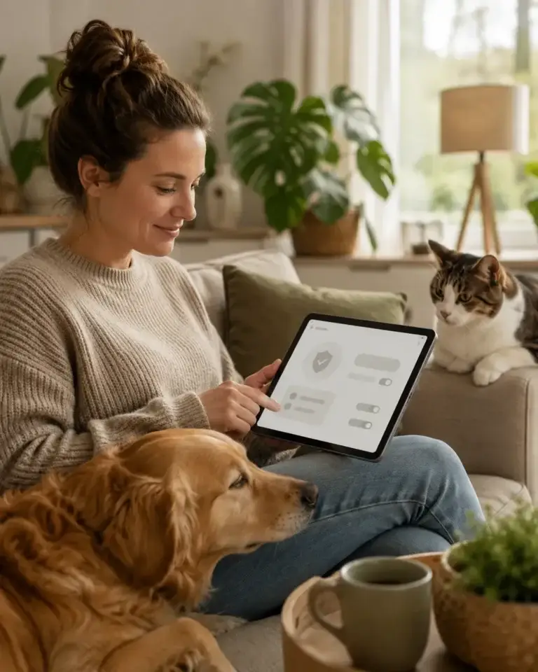 Vrouw beheert privacy-instellingen op een tablet terwijl hond en kat ontspannen naast haar zitten