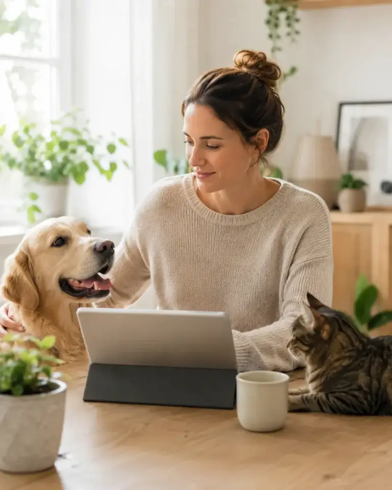 Vrouw bekijkt informatie op een tablet terwijl hond en kat rustig naast haar zitten in huis