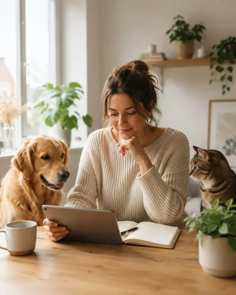 Vrouw bekijkt informatie op een tablet terwijl hond en kat naast haar zitten aan tafel
