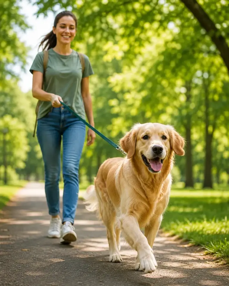 Hond wandelt met eigenaar door een groen park