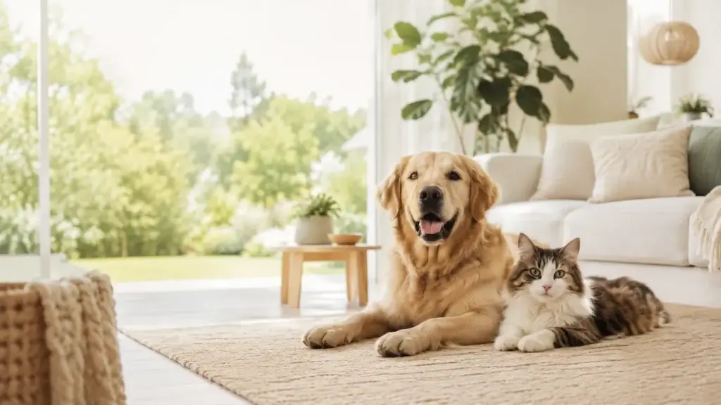 Hond en kat ontspannen samen in een lichte woonkamer