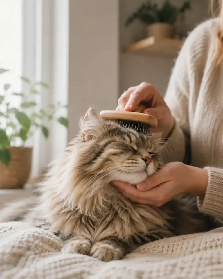 Langharige kat wordt rustig geborsteld in huis