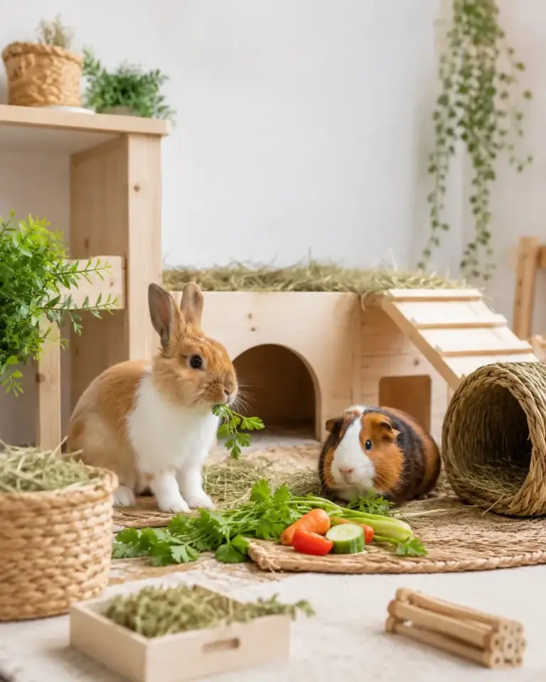 Konijn en cavia in een verblijf met hooi en verse groenten
