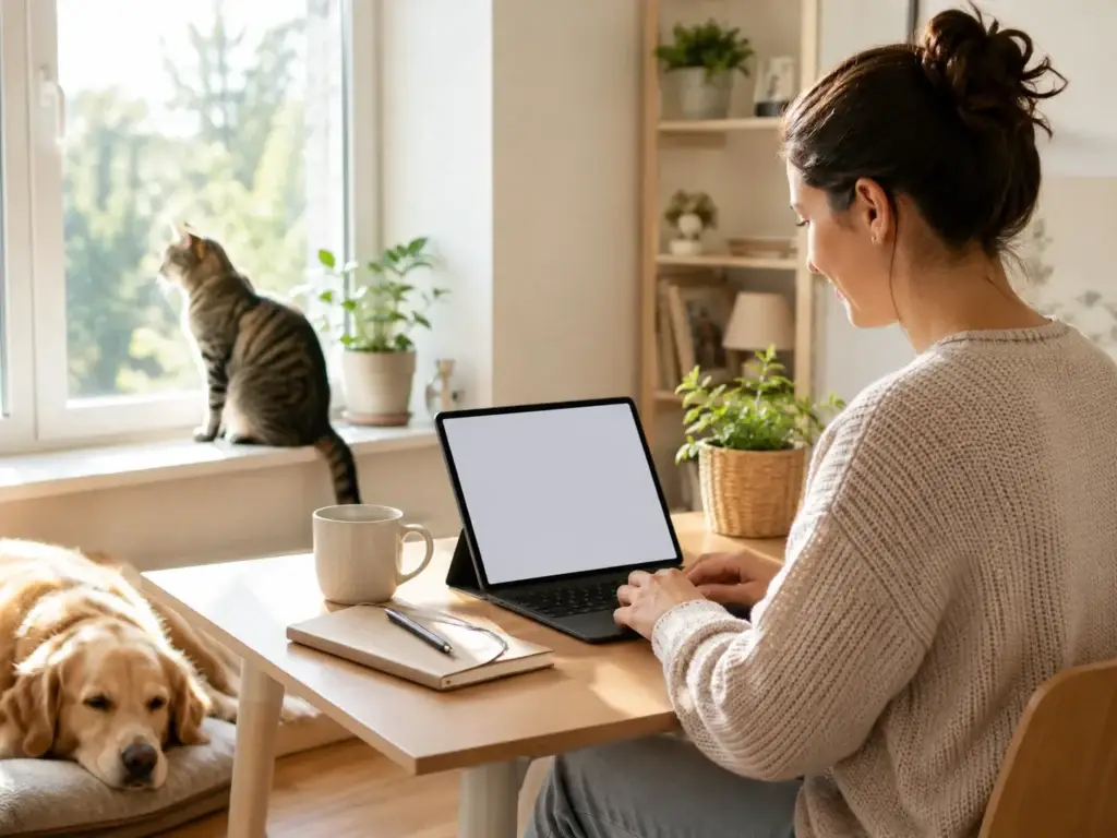 Vrouw werkt aan een tablet aan tafel terwijl kat bij het raam zit en hond rust op de vloer