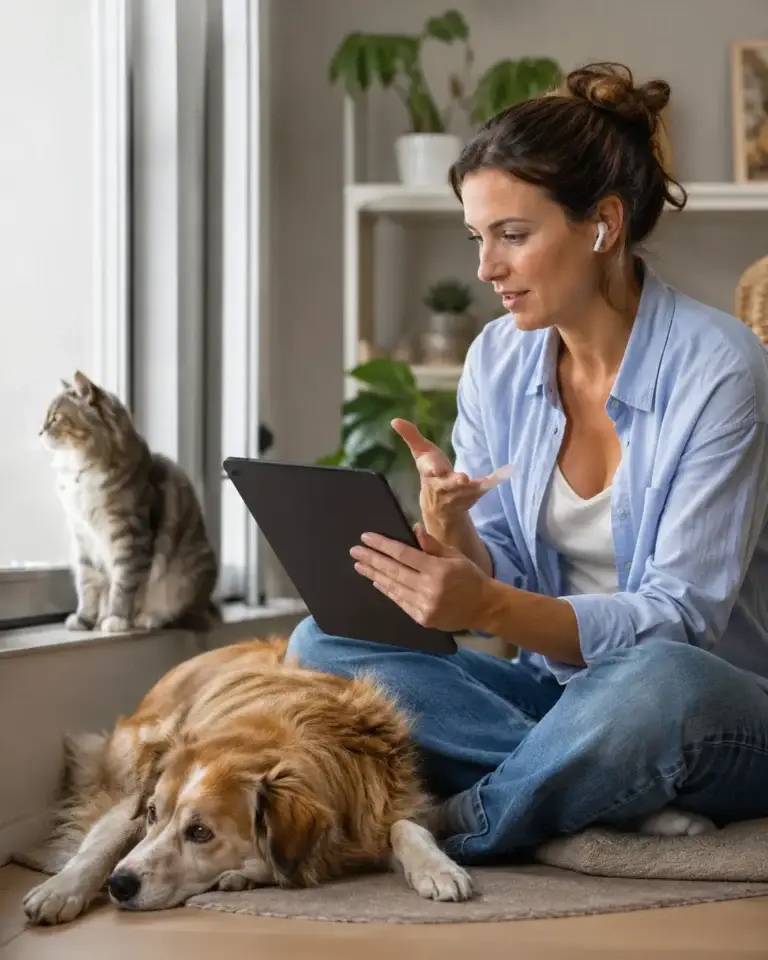 Vrouw voert een online gesprek op een tablet terwijl hond en kat rustig in huis zijn