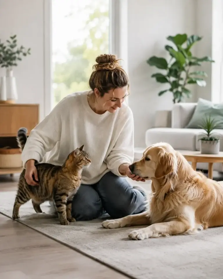 Vrouw zit thuis met een hond en kat in een rustige, huisdiervriendelijke woonkamer