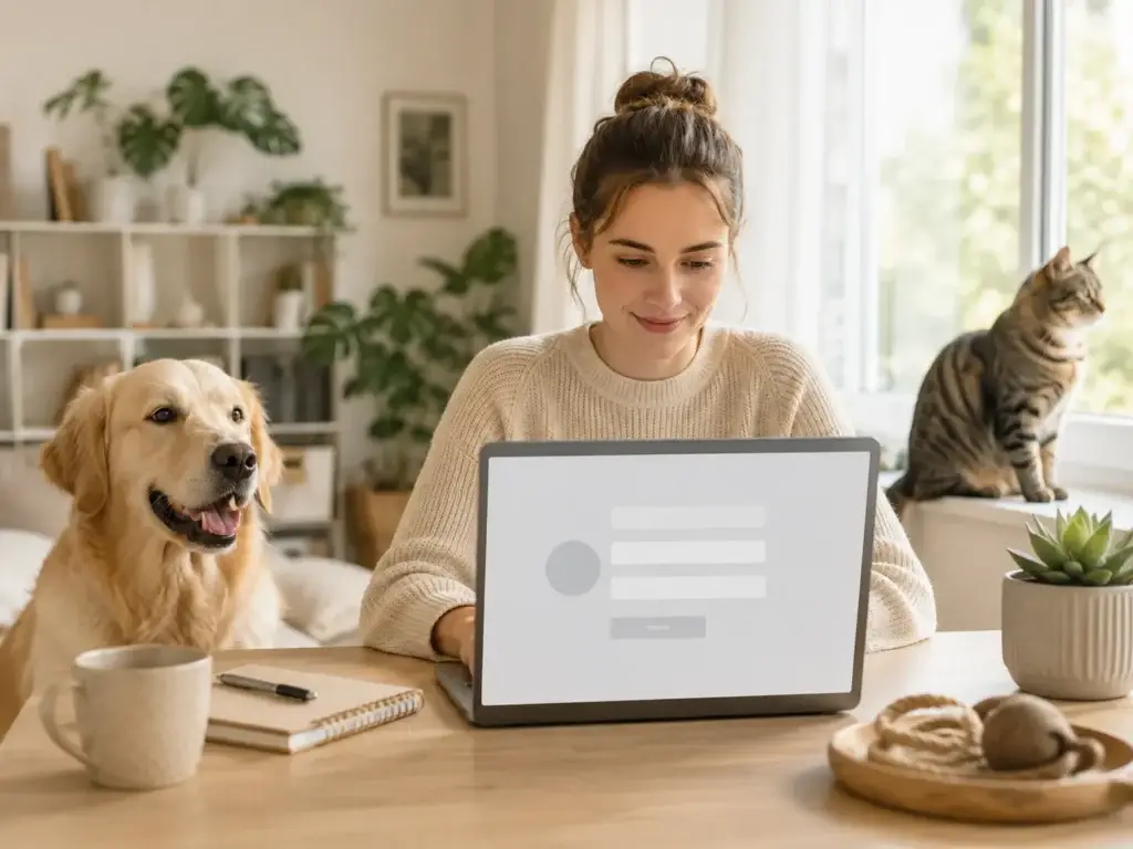 Vrouw registreert zich online terwijl hond en kat rustig aanwezig zijn in een lichte woonkamer