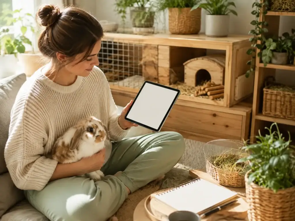 Vrouw houdt een konijn vast en bekijkt informatie op een tablet in een warme, huisdiervriendelijke ruimte