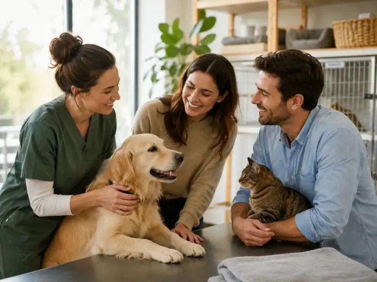 Professionals en huisdiereigenaren met een hond en kat tijdens een samenwerking rond dierenwelzijn