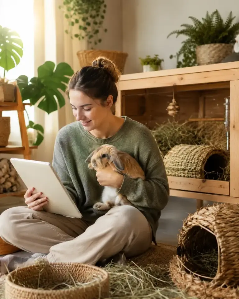 Vrouw houdt een konijn vast en leest informatie op een tablet in een warme, huisdiervriendelijke ruimte